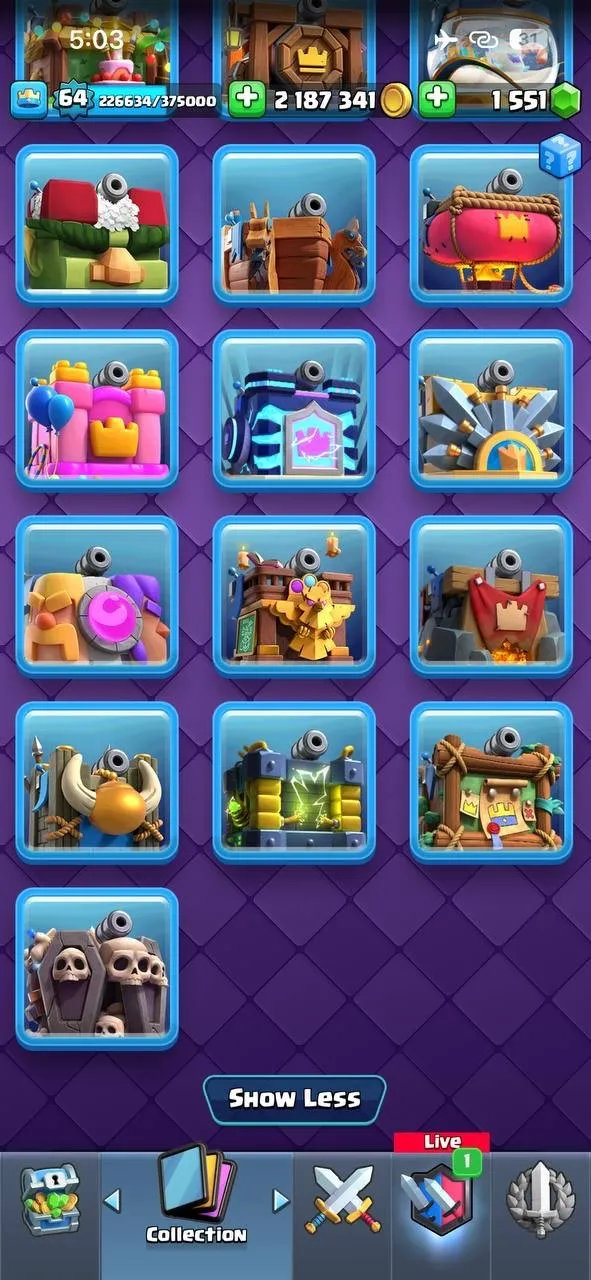 CR439 //Level 64, Arena 23, 121 Cards, 52 Elite, 67 Level 14, 22 Evolution, 110 Emotes, 7 Battle Pass, 28 Tower Skins