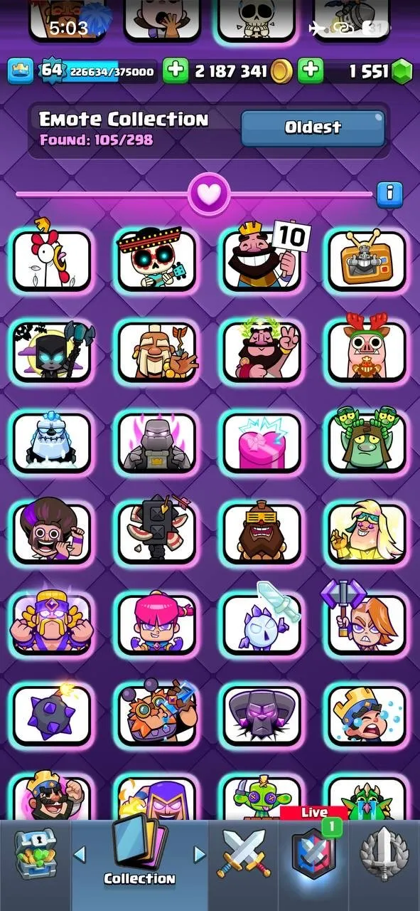 CR439 //Level 64, Arena 23, 121 Cards, 52 Elite, 67 Level 14, 22 Evolution, 110 Emotes, 7 Battle Pass, 28 Tower Skins