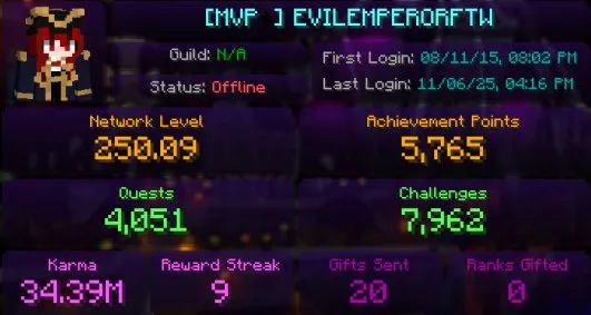 MC44 // MVP+ 250 Network Level #12 Lifetime Hide and Seek Wins UHC Extra Ultimates 10/30 Professions Unlocked