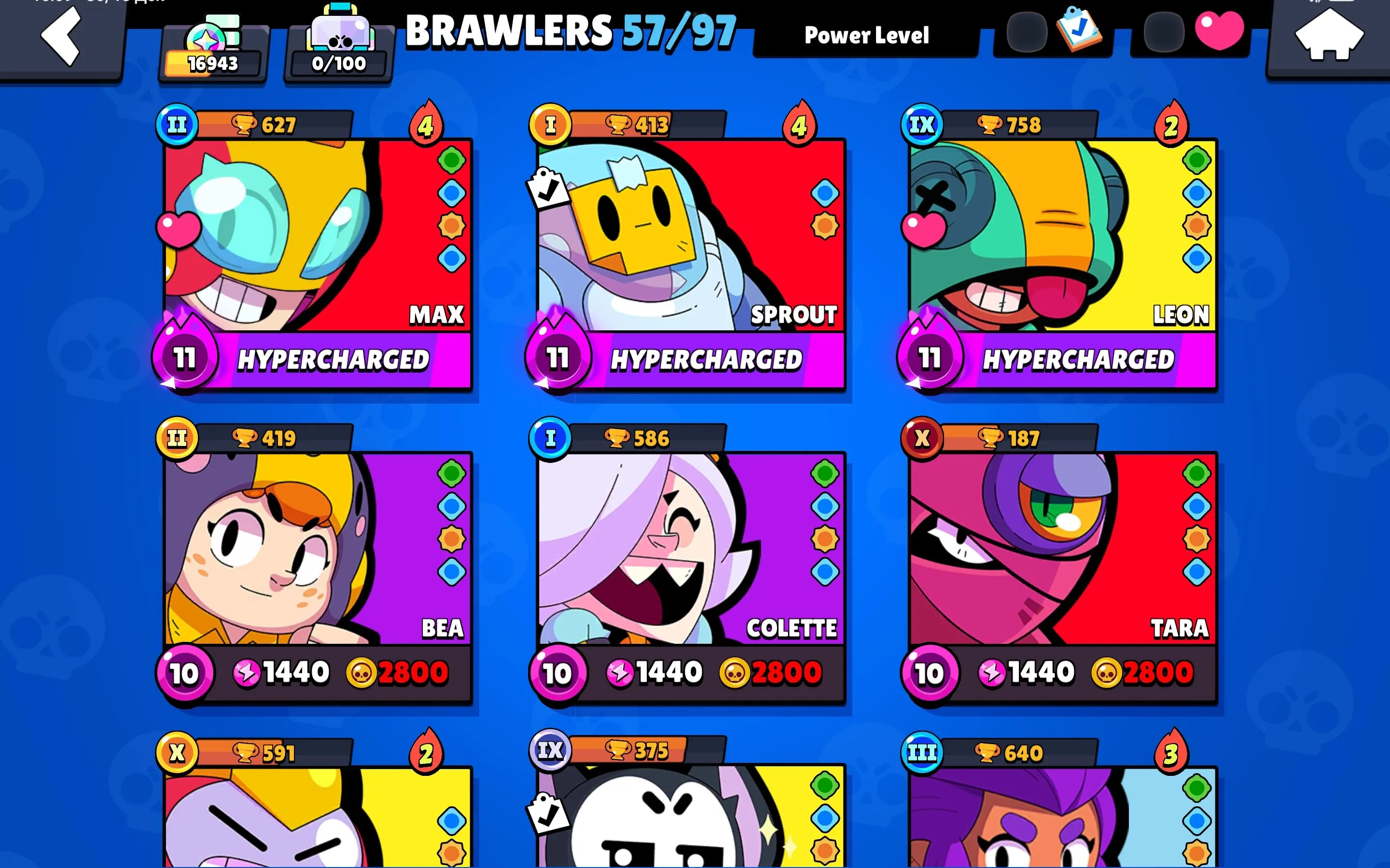 BS1765 //16k Trophies 57 Brawlers 92 Skins 16 Hypercharge Angel Max Robo Mike Balloon Sally Scarecrow Gigi Radiant Mecha Leon Phoenix Crow