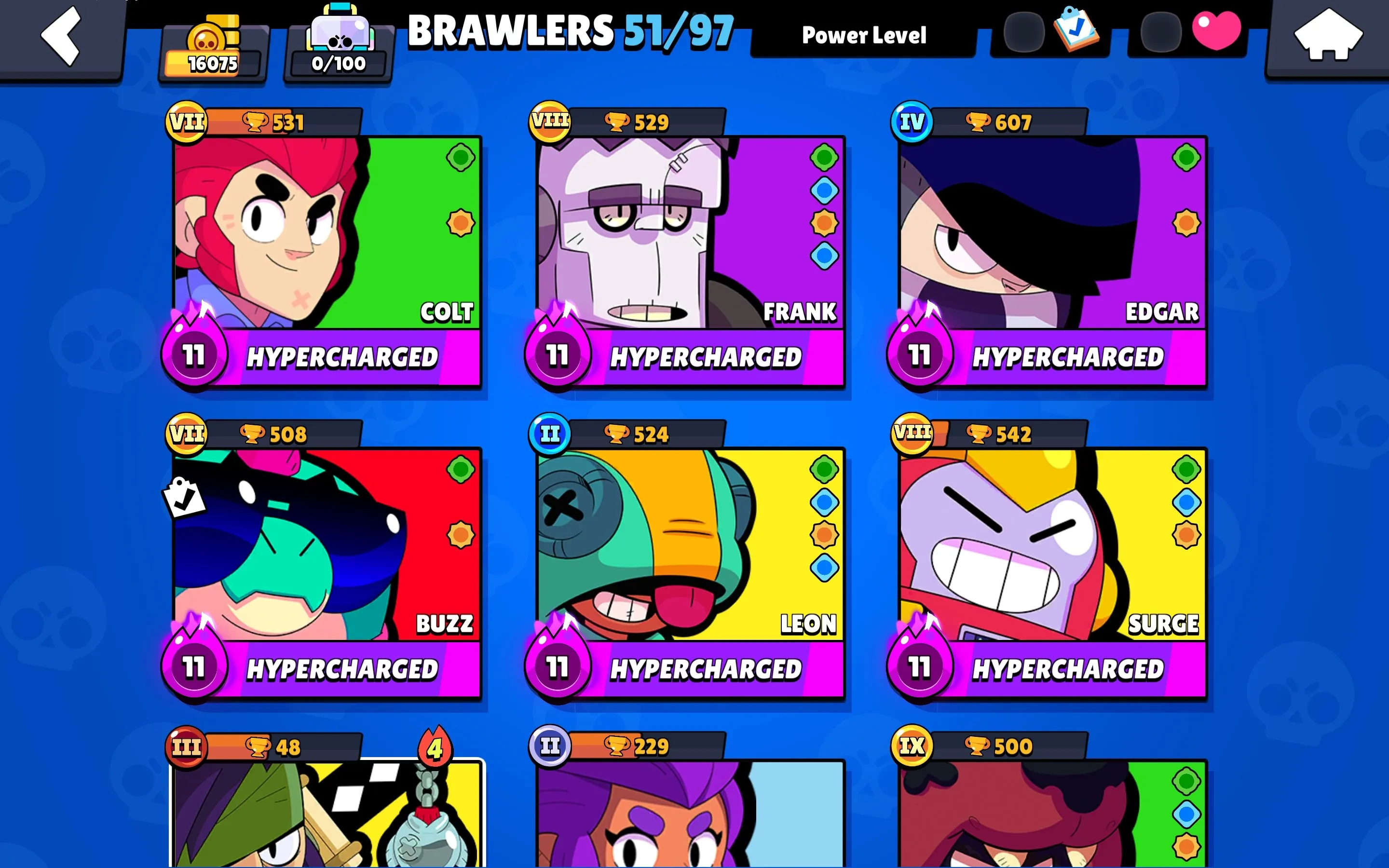 BS1761 //Max 16k Trophies 51 Brawlers 94 Skins 19 Hypercharge Spongebob El Primo Godzilla Buzz Surge Lightyear Panther Max Bibi RJ Fruit Samurai Kenji