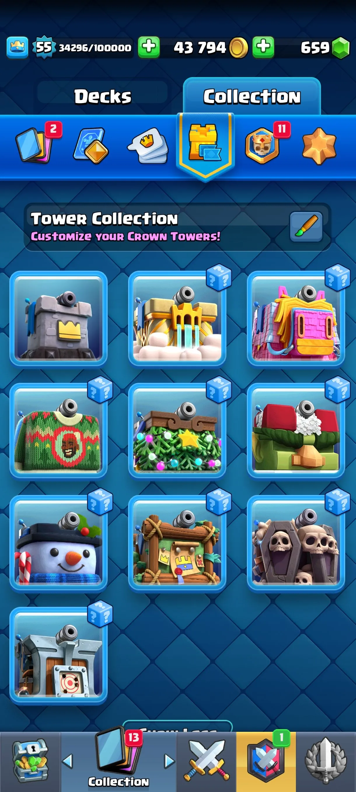 CR681 10000 cups 10 Evolutions 121 cards 659 gems 43794 gold King 55 Arena 25 69 emotes 9 tower skins max balloon mega knight
