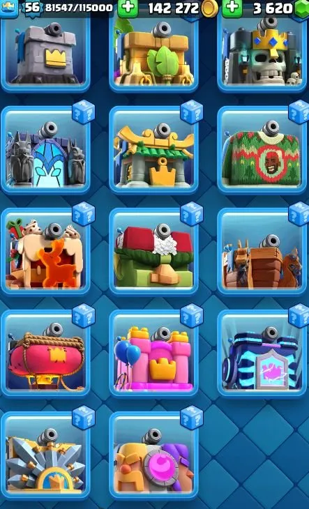 CR554 56 LVL, Arena 24, 10000 trophies, 7 level 15 cards, 22 level 14 cards, 6 evolutions, 68 emotes, 142k gold, 3.6k gems, many tower skins