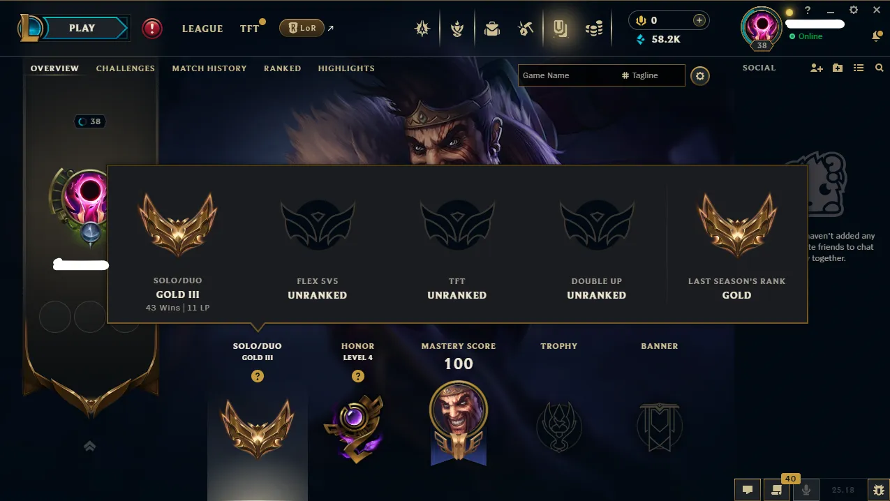 【 EUW 】∙ S15 Gold III ⚡ 61% Win Rate 🔥 +38 LP Gain 💎 58K BE ✅ Unverified Email ✅ Changeable Name ❤  2 Skins ⸱ 🚚 Instant Delivery