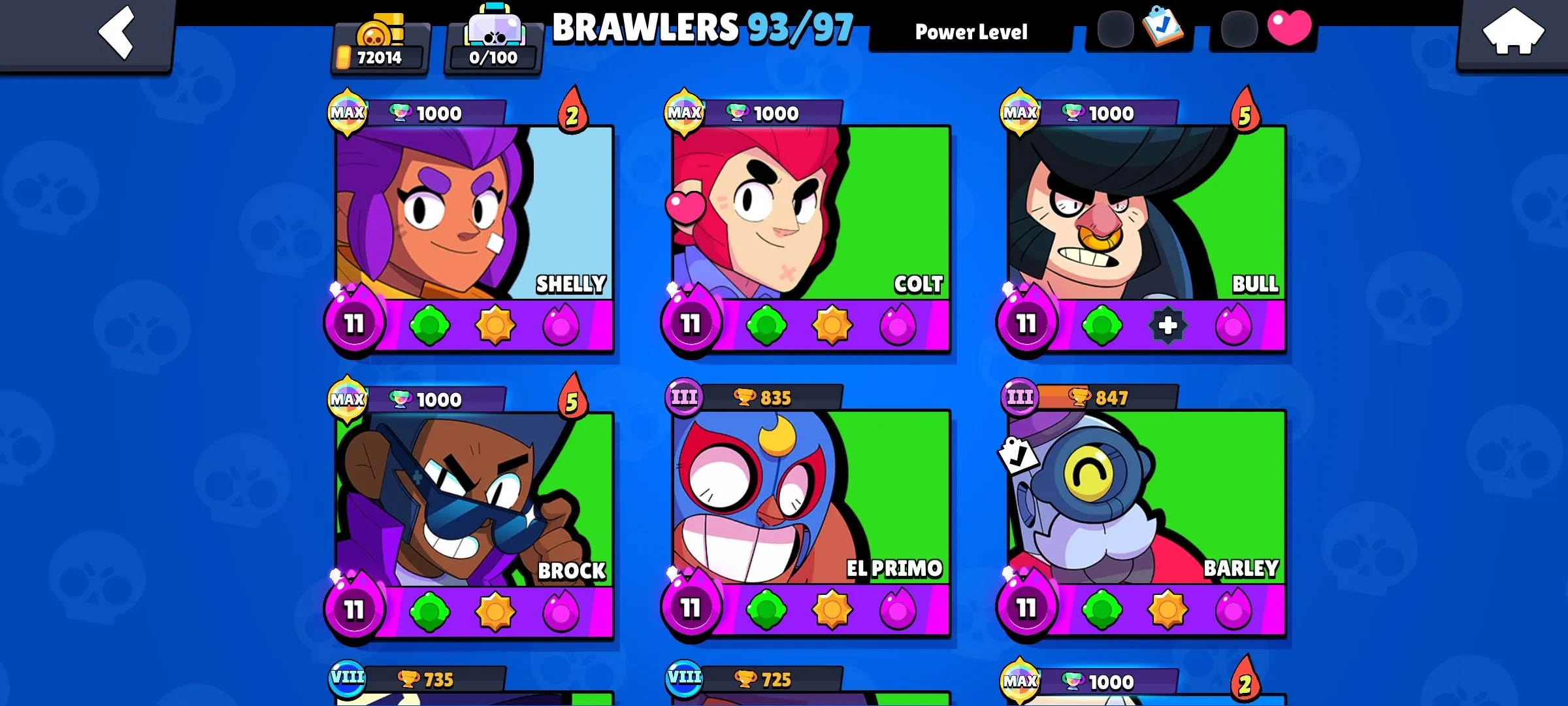 BS1929 1 BP 72014 Trophies 93/97 Brawlers 215 Skins Antivirus 8-Bit Dark Mecha Mortis Evil Queen Pam Frost Queen Amber Gold Mecha Bo Godzilla 