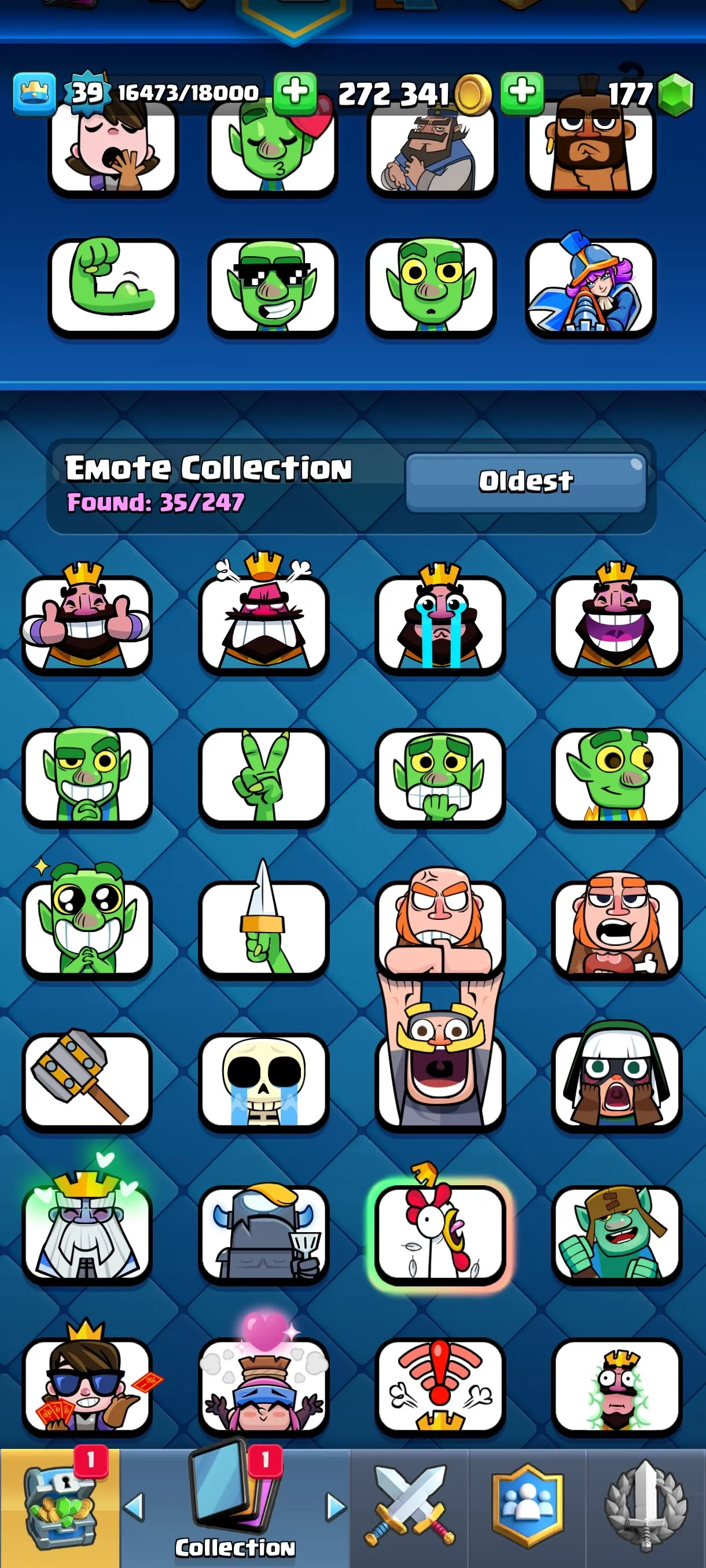 CR680 7293 cups 9 Evolutions 118 cards 177 gems 272341 gold King 39 Arena 19 35 emotes 4 tower skins rich deck