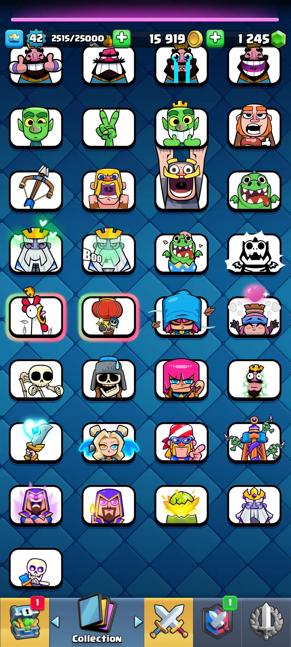 CR543 9730 cups 7 Evolutions 117 cards 54 emotes 2 tower skins 42 banners 53 frames