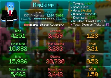 MC52 // MVP+ 512 Star BW, 296 Hypixel Level, Battle Pass Season 1, Legendary Island Topper