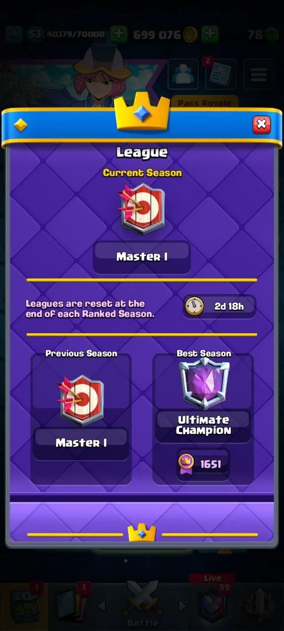 CR544 ULTIMATE CHAMP 9742 trophies 78 emotes 5 level 15 cards 18 level 14 cards 699k gold 21 legendary cards 62 banners