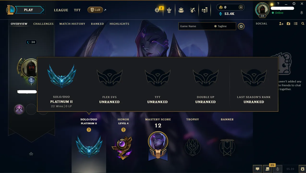 【 EUW 】∙ Platinum II ⚡ High MMR ♦️ 85% WR ♦️ 53.4K BE 🔹 +38 LP Gain ☑️Honor Level 4☑️Full Access & Ownership☑️34 Level🚚 Instant Delivery