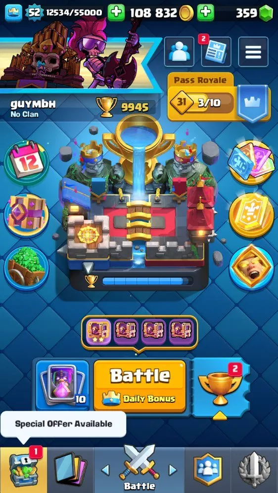 CR722 10k Trophies Level 52 Balloon Deck Five Level 15 Cards Four Level 14 Cards 20 Legendary Cards 7 Evolutions 108k Gold