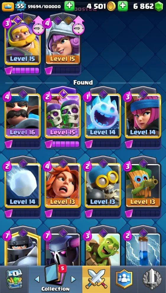 CR629     7.8k Trophies Arena 20 King Level 55 Hunter Deck 2 LVL16 4 LVL14 4 Evolutions 6800 Gems 19 Legendaries 119 Cards Free Name Change 29 Emotes Banner Decorations Custom Towers