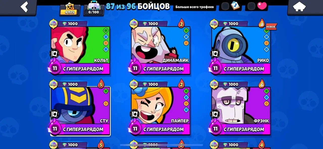 BS1778 11 hypercharges 41975 peak trophies 87 of 96 brawlers with multiple max rank 11 including Colt Dynamike Rico Stu Piper Frank Mortis (G).