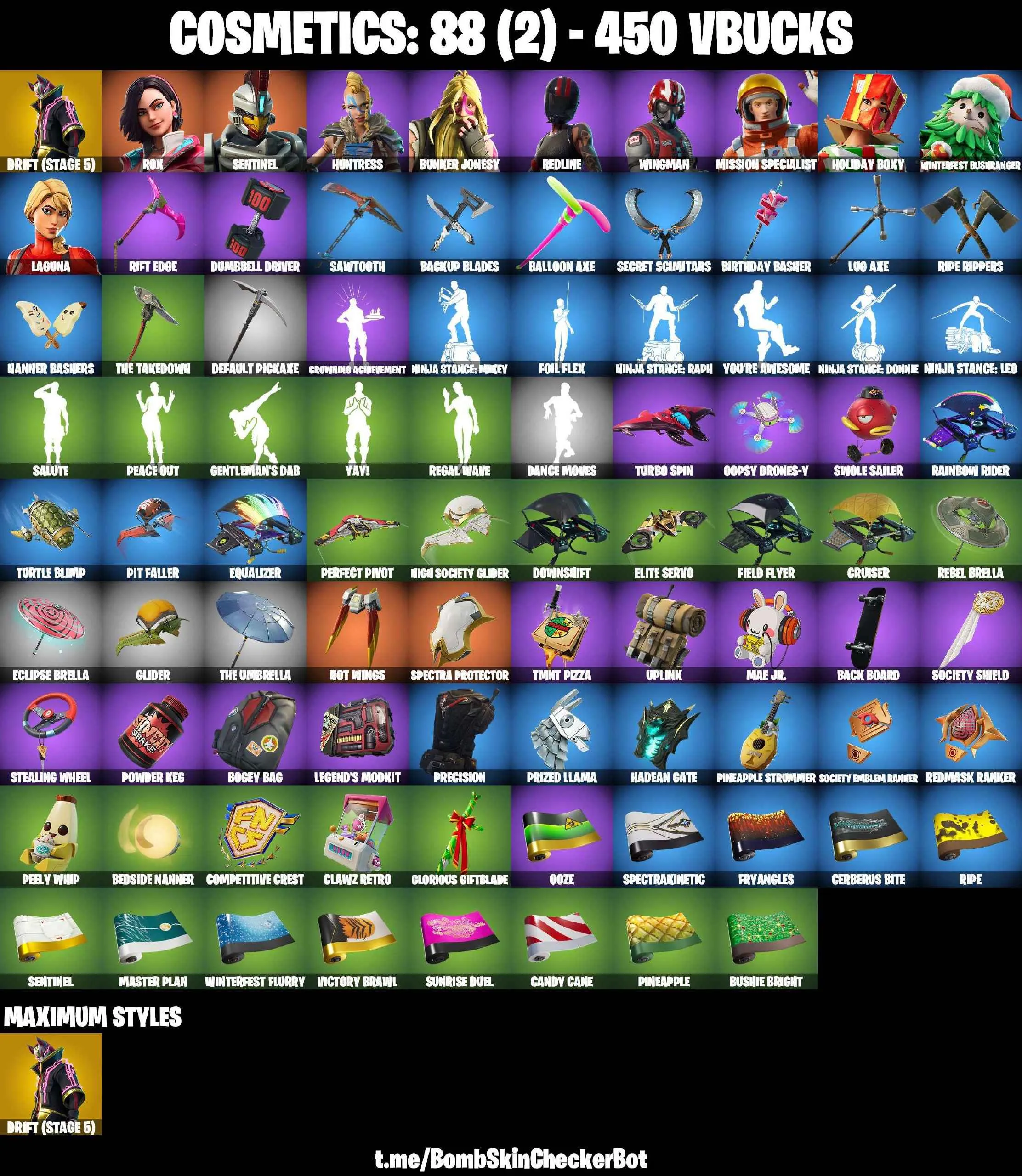 ❤️11 SKINS❤️DRIFT(STAGE 5)❤️REDLINE❤️LAGUNA❤️WINGMAN❤️HUNTRESS❤️MISSION SPECIALIST❤️PEELY WHIP❤️CAN PLAY ON PSN❤️XBOX❤️PC❤️NINTENDO❤️MOBILE❤️450 VBUCKS❤️FULL EMAIL ACCESS❤️