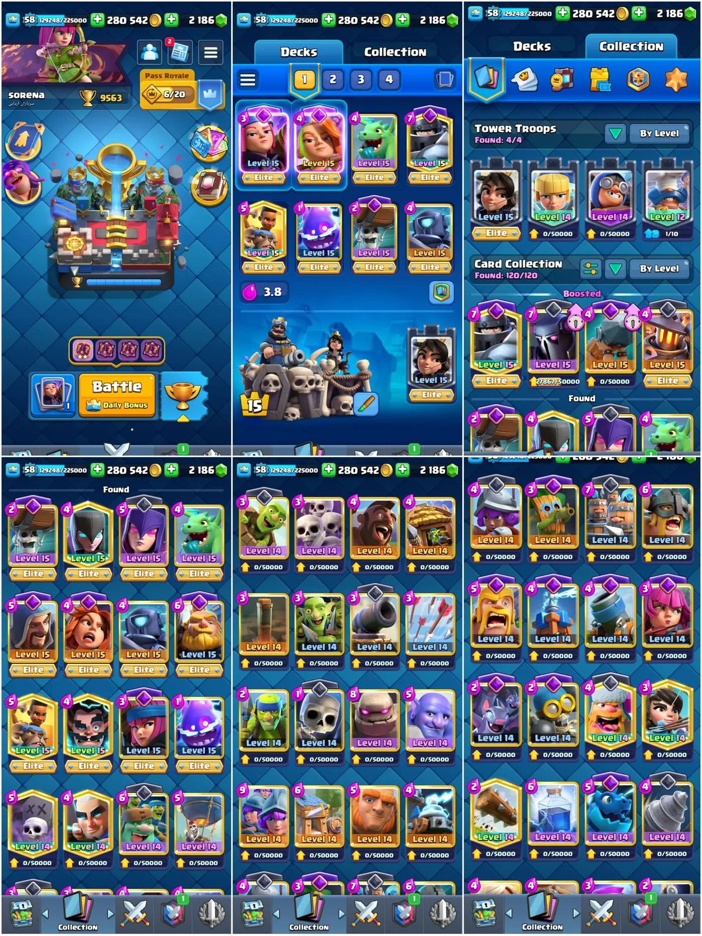 🔥💎 2100+ Gems 💥 Level 58 + KT15 ⚔️ 9500+ Trophies 🏆 66 Max Cards (14 Elites) 🎴 + 15 Evos 🌟 75 Emotes 🎭 + 8 Tower Skins 🏰 Instant Delivery