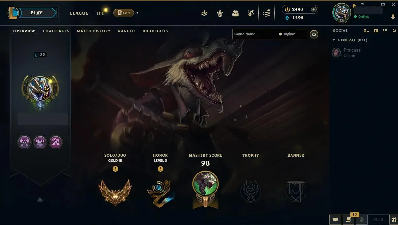 🌍 EUW ⚡ Gold III (13 LP)✨ WR: 75% 💴 RP: 2490 🔥 MAX LP Gains ♾️ Lifetime Ownership 📧 Full Email Access