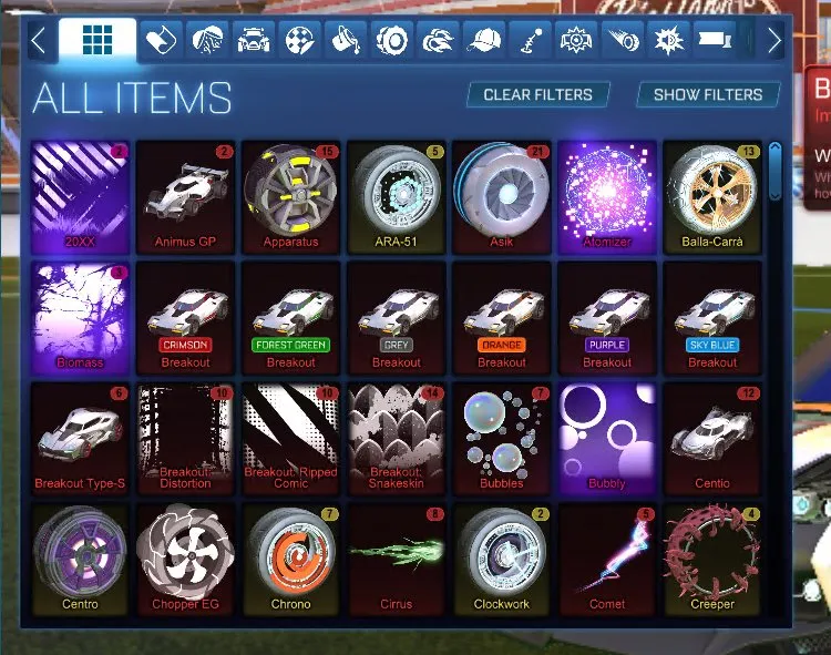 STOCK697 //Fennec, 70+ Painted Cars, 200 Exotic Drops, TW Standard Boost, Many Black Market Decals and Goal Explosions (K)