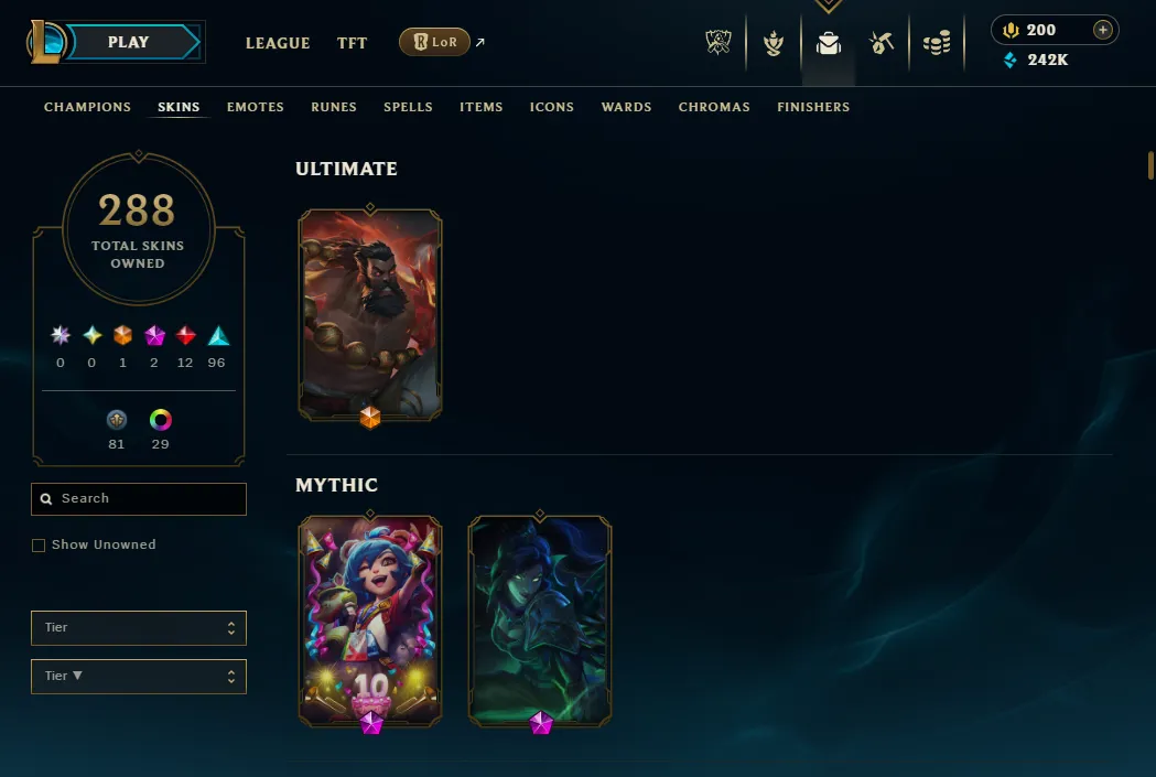 👑(EUW) UNRANKED ( HIGH ELO) 🚀288 SKIN