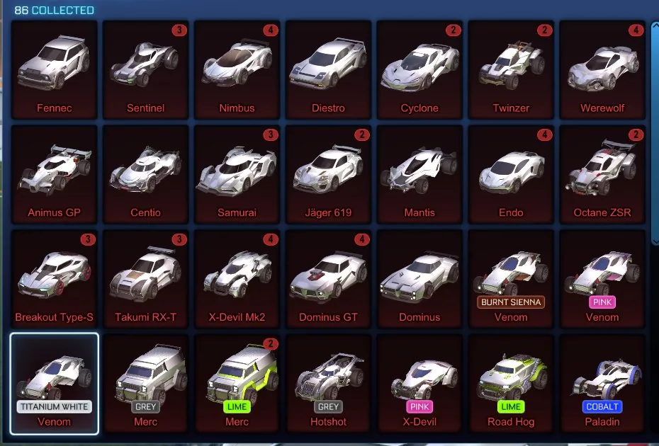 STOCK654 //ACCOUNT with Fennec, Endo, Anodized Pearl, 40+ Black Markets, Titanium White Venom, Painted Cars and Wheels (K)