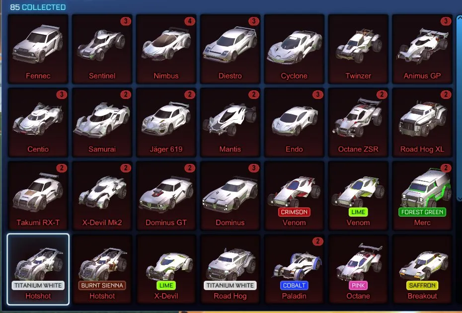 STOCK638 //Fennec, Titanium White Hotshot, TW Road Hog, TW Venom, Multiple Painted Cars, 25+ Black Market Items, 700+ Total (K)