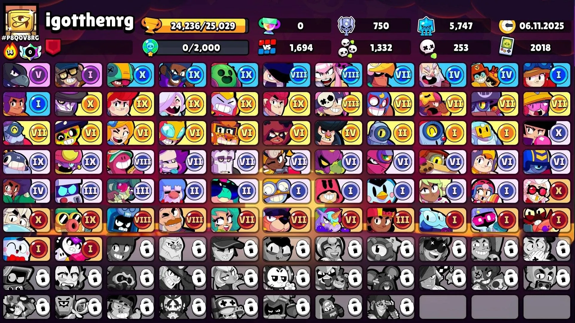 BS1854 //24236 trophies 68 brawlers star 12 max 9 hypercharged star 114 skins 1 legendary 2 hyper