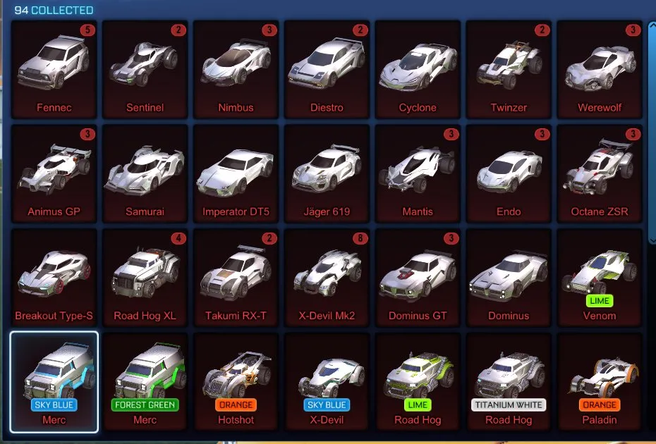 STOCK684 //Fennec, 27 Black Markets, Painted Octane, Titanium White Road Hog, Many Painted Cars (K)