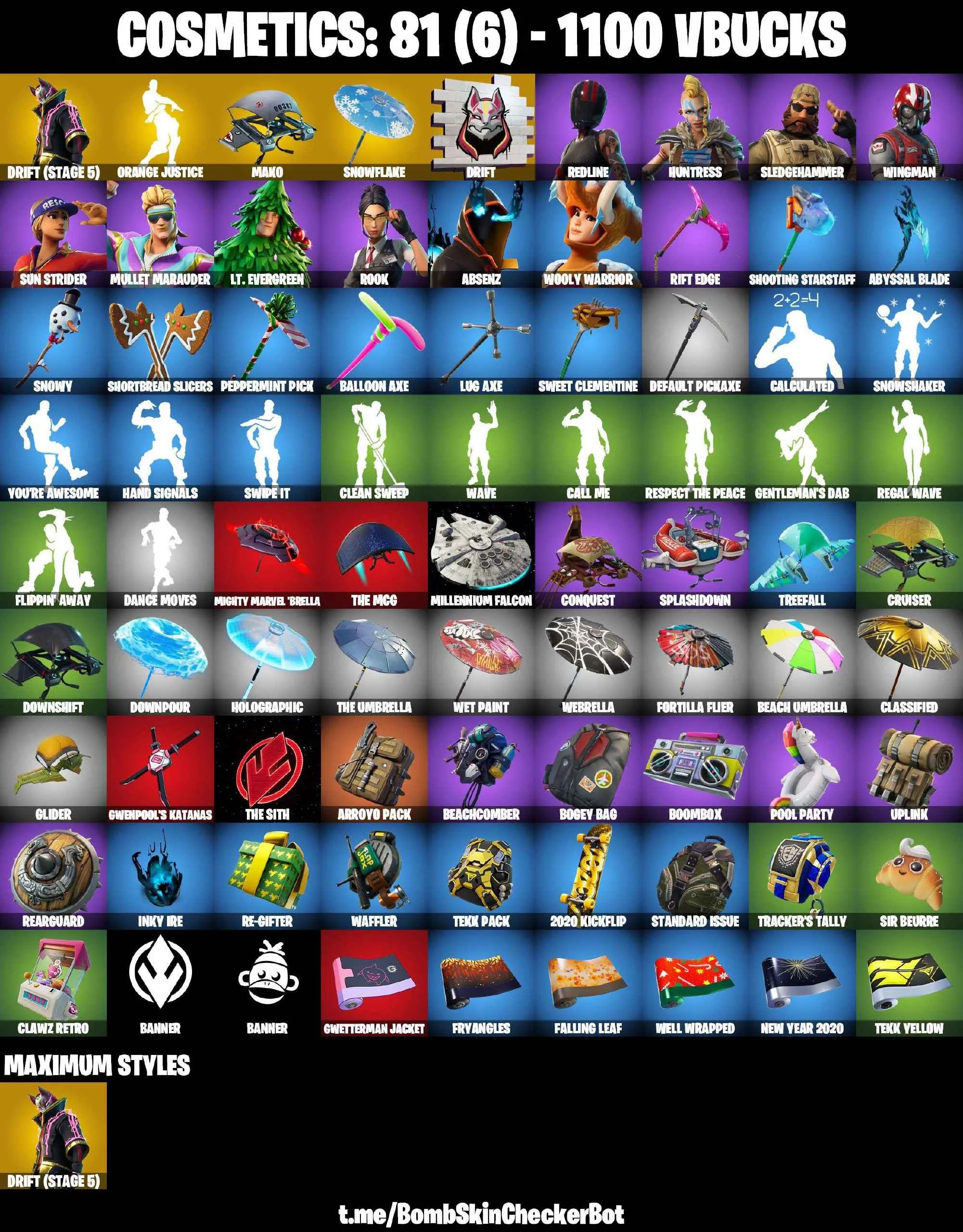 ❤️11 SKINS❤️MAKO❤️ORANGE JUSTICE❤️ROOK❤️DRIFT(STAGE 5)❤️REDLINE❤️SUN STRIDER❤️HUNTRESS❤️SNOWFLAKE❤️PEPPERMINT PICK❤️CAN PLAY ON PSN❤️XBOX❤️PC❤️NINTENDO❤️MOBILE❤️1100 VBUCKS❤️FULL EMAIL ACCESS❤️