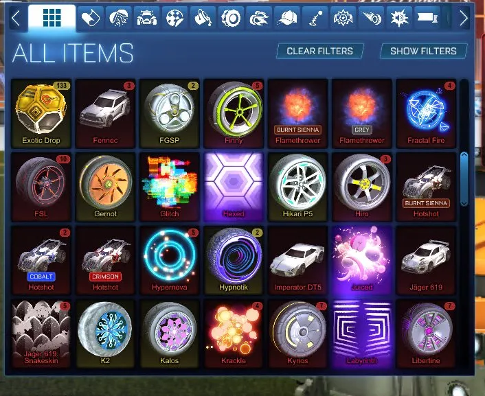 STOCK624 // Fennec, Animus GP, 100+ Exotic Drops, Multiple Painted Cars, Black Market Decals, Goal Explosions, Wheels (K)