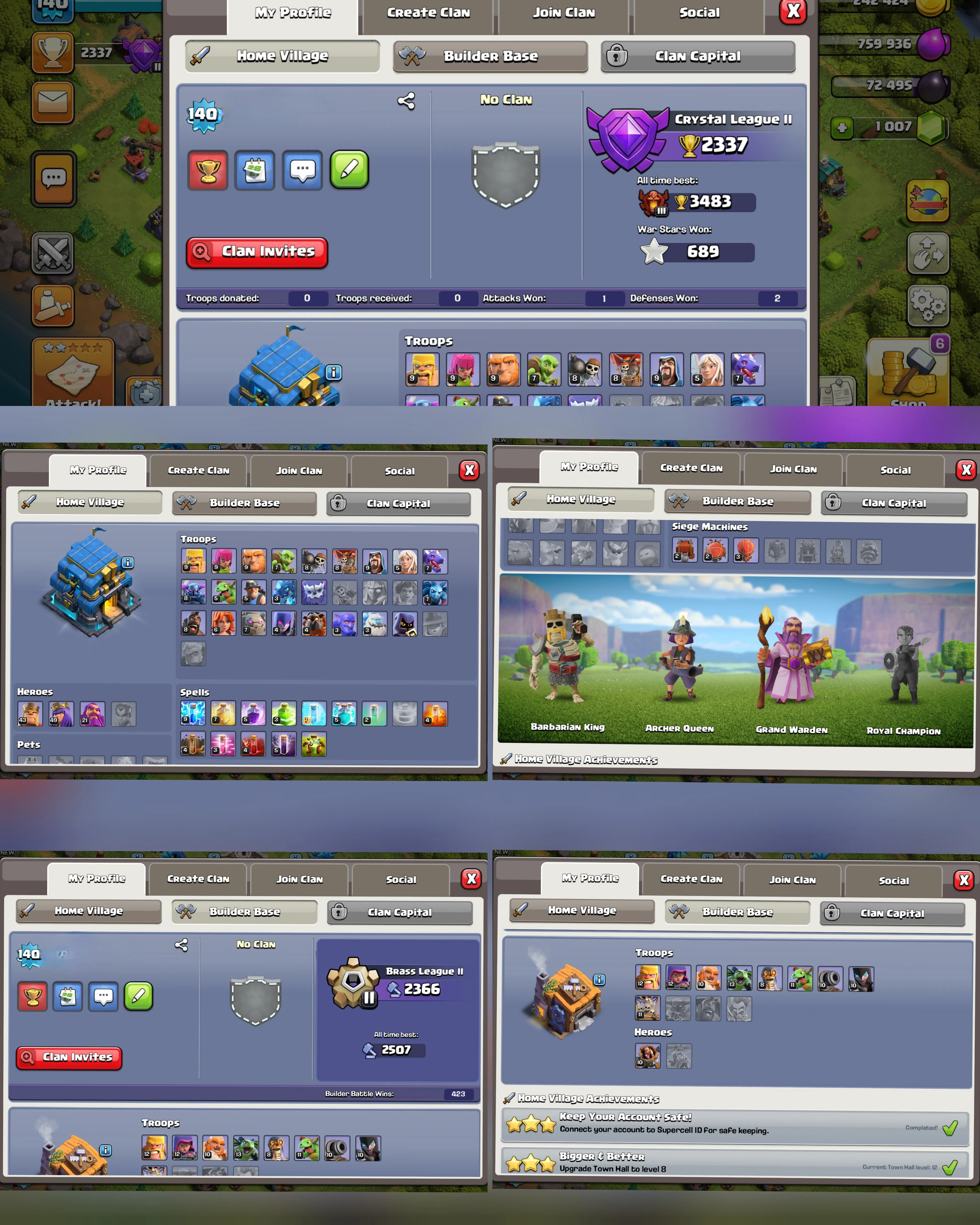 C057 TH12 - XP140 - 992 GEMS - CN 1000 GEMS - BK43 SKIN SKELETON KING - AQ49 SKIN MINER QUEEN FA9 - GW21 FB4 - BM10