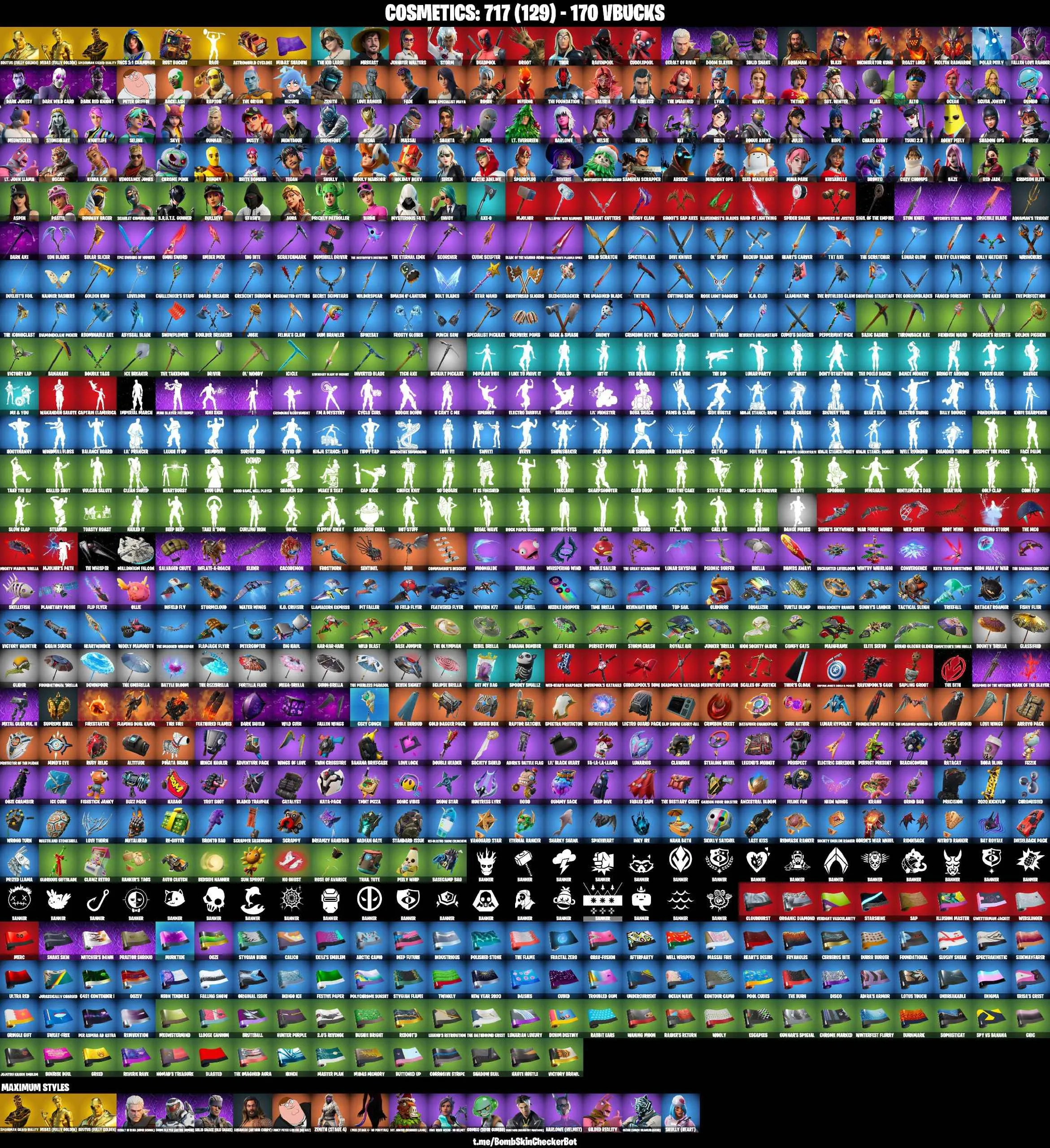 ❤️116 SKINS❤️BACKLASH❤️MINA PARK❤️RAVENPOOL❤️CUDDLEPOOL❤️GILDED SPIDER-MAN❤️LAUGH IT UP❤️WINDMILL FLOSS❤️STAR WAND❤️GOLDEN MIDAS❤️DUMMY❤️MAYA❤️HELSIE❤️JULES❤️TSUKI 2.0❤️REVERIE❤️AURA❤️BULLSEYE❤️AGENT PEELY❤️SCARLET COMMANDER❤️RUST BUCKET❤️ASTROWORLD CYCLONE❤️