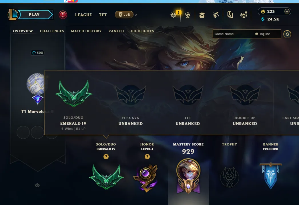 👑(EUW) EMERALD 4 (ELO MMR DIA II) 🚀442 SKIN⚡23k BE