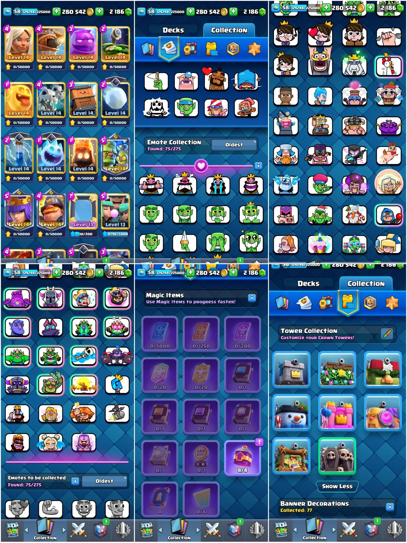 🔥💎 2100+ Gems 💥 Level 58 + KT15 ⚔️ 9500+ Trophies 🏆 66 Max Cards (14 Elites) 🎴 + 15 Evos 🌟 75 Emotes 🎭 + 8 Tower Skins 🏰 Instant Delivery