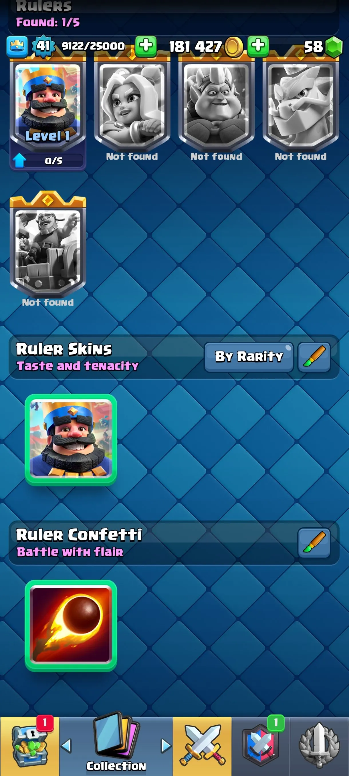 CR677 9244 cups 4 Evolutions 121 cards 58 gems 181427 gold King 41 Arena 23 36 emotes 5 tower skins rich deck