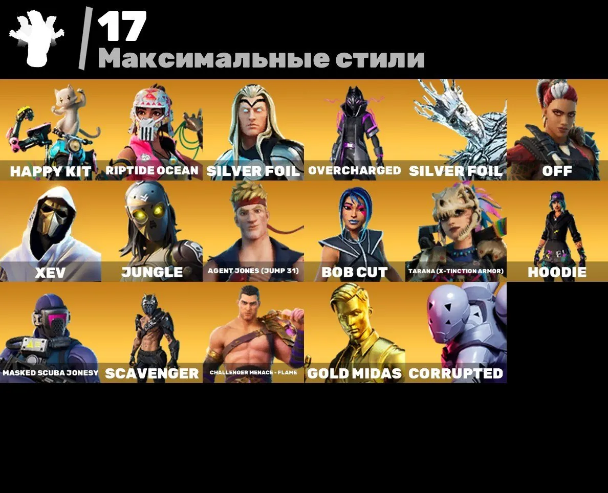 F925 96 Skins, Gold Midas, Leviathan, Deadpool, Lara Croft, Tony Stark, Silver Foil, Jungle, Riptide Ocean, Chill, Exclusive Gliders and Pickaxes