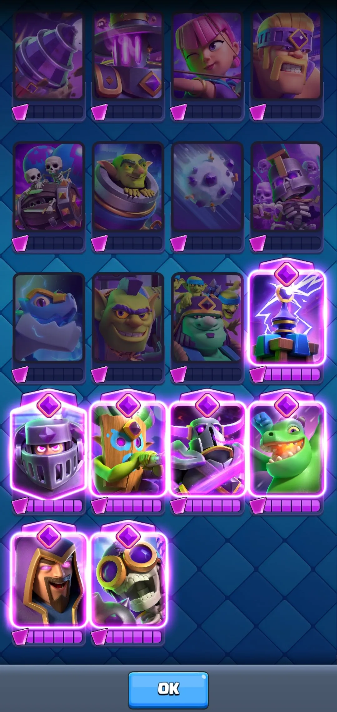 CR566 7 star EVO deck 10k trophies 48 level 119/121 cards 22 legendary 7 evolutions 48 emotes 6 tower skins rich magic items 323k gold 610 gems