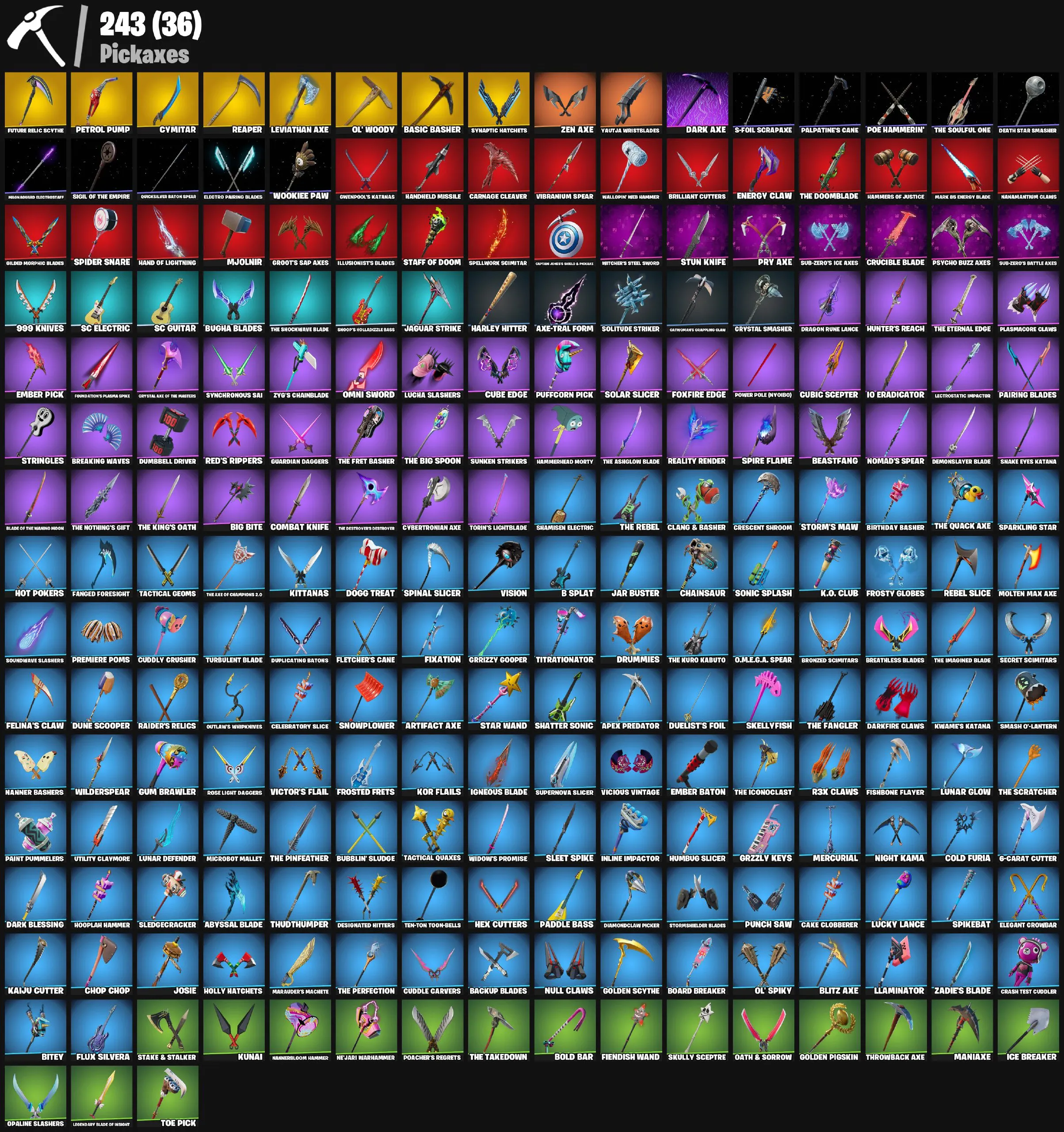 F980 213 Skins, Sultura, Fixer, Snake Eyes, Vivi Chroma, Spire Assassin, Optimus Prime, Predatory, The Origin, Shake Eyes, Peter