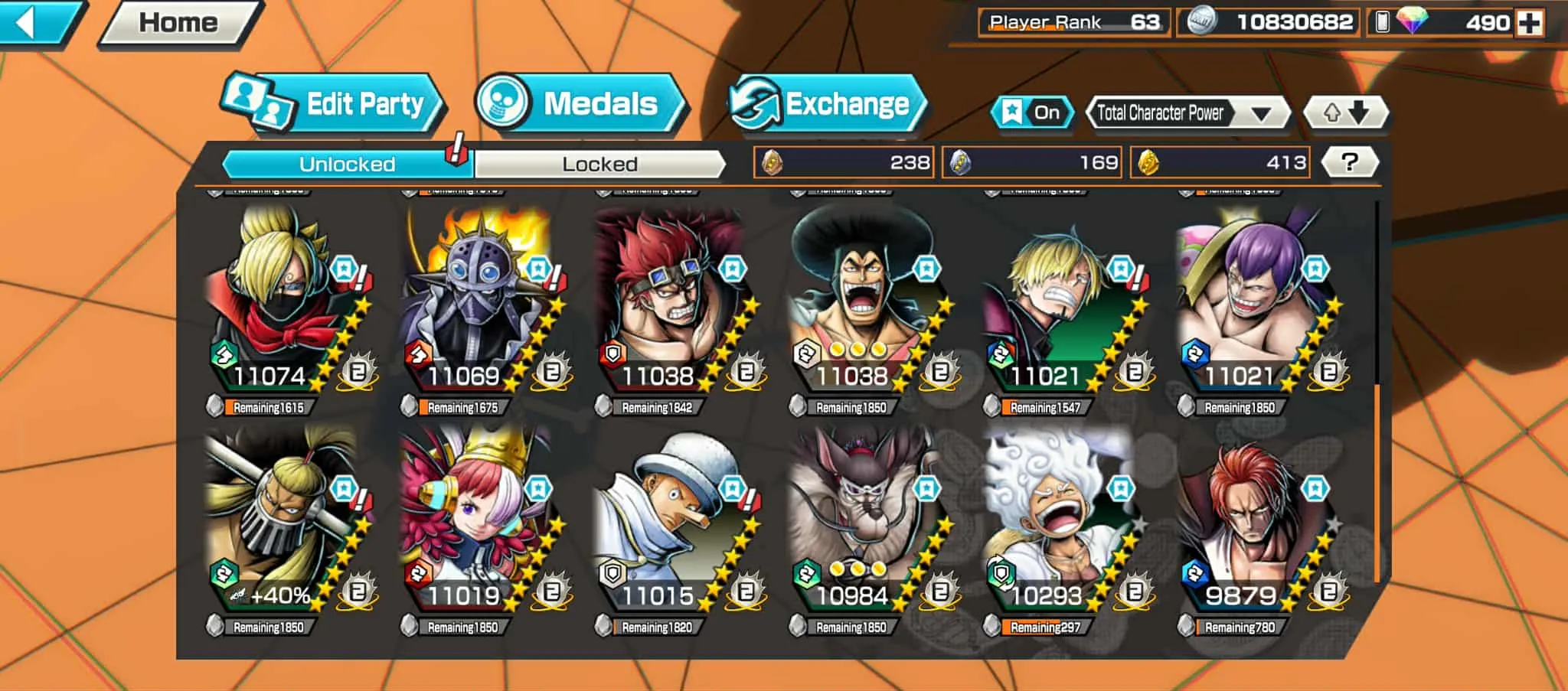 BR490-Android-Hyber Boost 66+490 Diamond RD+12 Ex(Zoro Full Boost+Kuzan+Lucci+Snake+Roger v1+Kaido+Gear 5+Roger v2+Luffy+Yamato v2+Kid Law+Shank v2)+Vip Medal+Support 165%+Many Bounty Festival Max+Strong Account