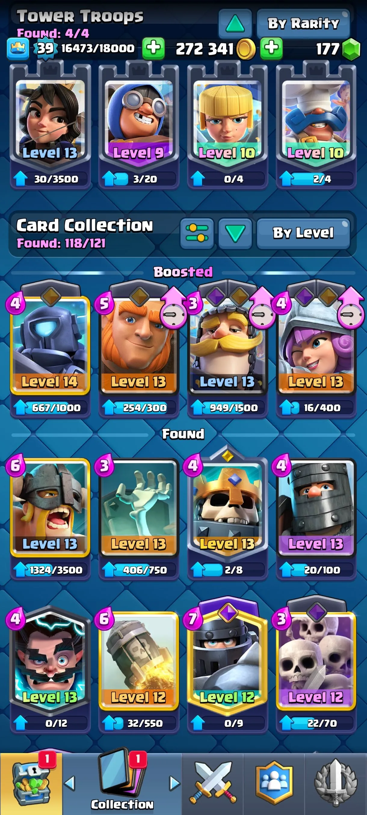 CR680 7293 cups 9 Evolutions 118 cards 177 gems 272341 gold King 39 Arena 19 35 emotes 4 tower skins rich deck