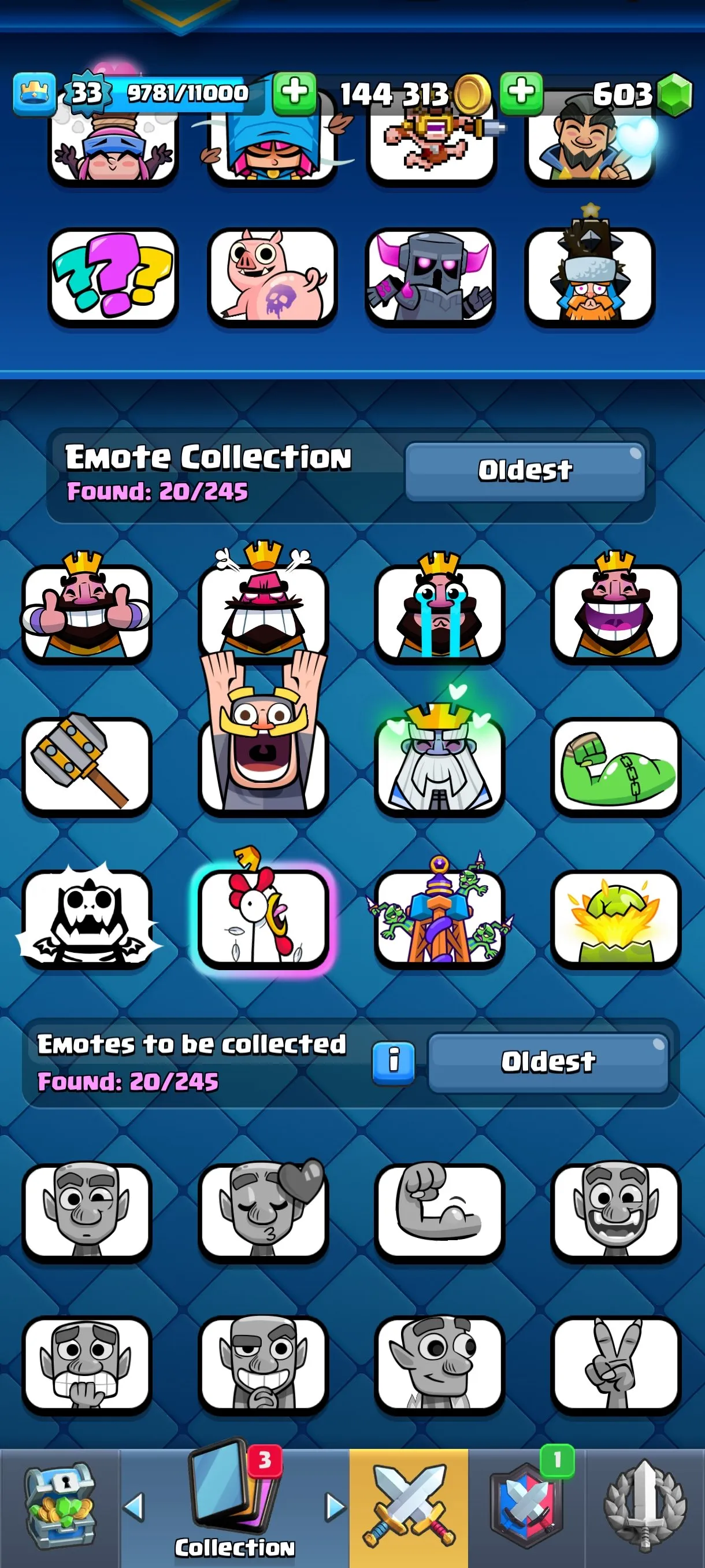 CR669 7557 cups 6 Evolutions 14 Legendary 109 Cards 603 gems 144313 gold King 33 Arena 20 rich collection