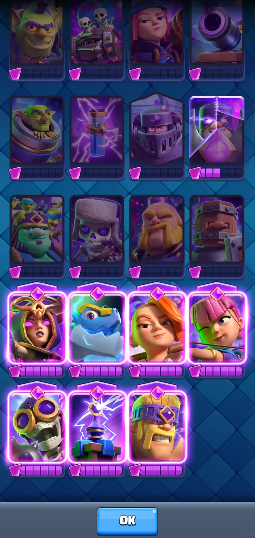 CR694 7 Evolutions 7693 Trophies Level 36 Archer Queen Mother Witch Mega Minion Electro Wizard Log Bats Snowball Deck 