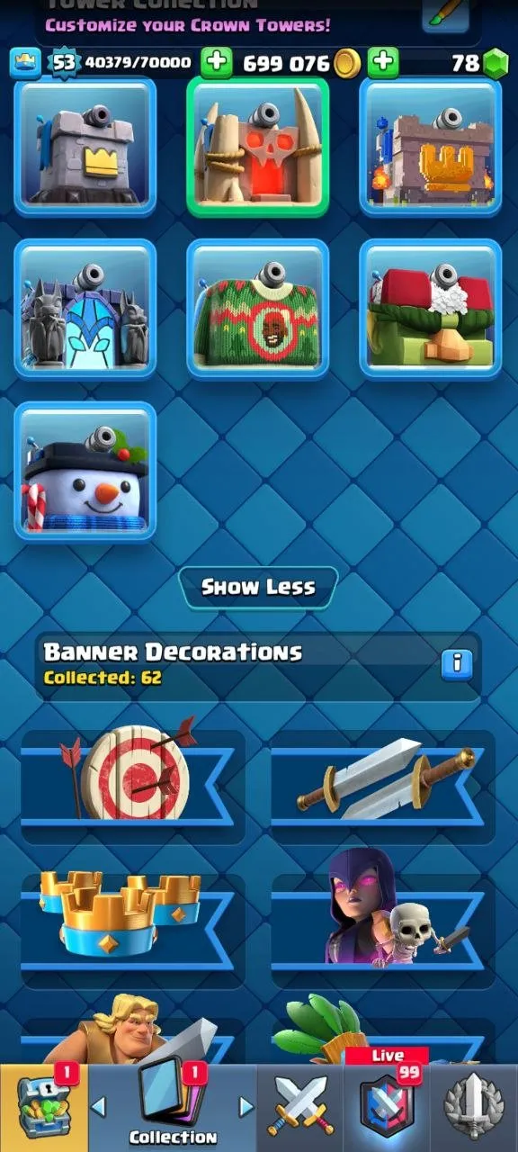 CR544 ULTIMATE CHAMP 9742 trophies 78 emotes 5 level 15 cards 18 level 14 cards 699k gold 21 legendary cards 62 banners