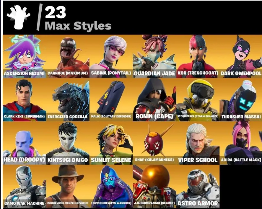 F1033 72 Skins Account: Renzo The Destroyer, The Cube Queen, Era, Malik, The Imagined, Clark Kent (Superman), Energized Godzilla