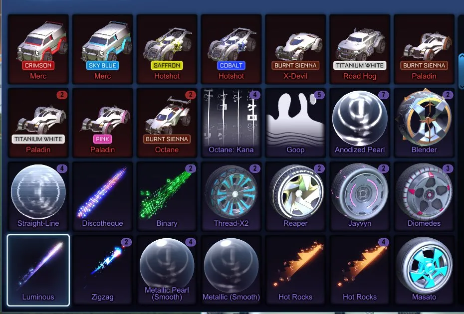 STOCK484 //Fennec, 89 Car Bodies (Titanium White Road Hog & Paladin, Crimson/Sky Blue Merc, Saffron/Cobalt Hotshot, Pink/Crimson Flamethrower, Painted X-Devil, Paladin, Octane), 45+ Black Markets