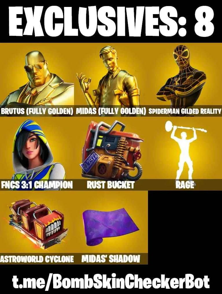 ❤️116 SKINS❤️BACKLASH❤️MINA PARK❤️RAVENPOOL❤️CUDDLEPOOL❤️GILDED SPIDER-MAN❤️LAUGH IT UP❤️WINDMILL FLOSS❤️STAR WAND❤️GOLDEN MIDAS❤️DUMMY❤️MAYA❤️HELSIE❤️JULES❤️TSUKI 2.0❤️REVERIE❤️AURA❤️BULLSEYE❤️AGENT PEELY❤️SCARLET COMMANDER❤️RUST BUCKET❤️ASTROWORLD CYCLONE❤️