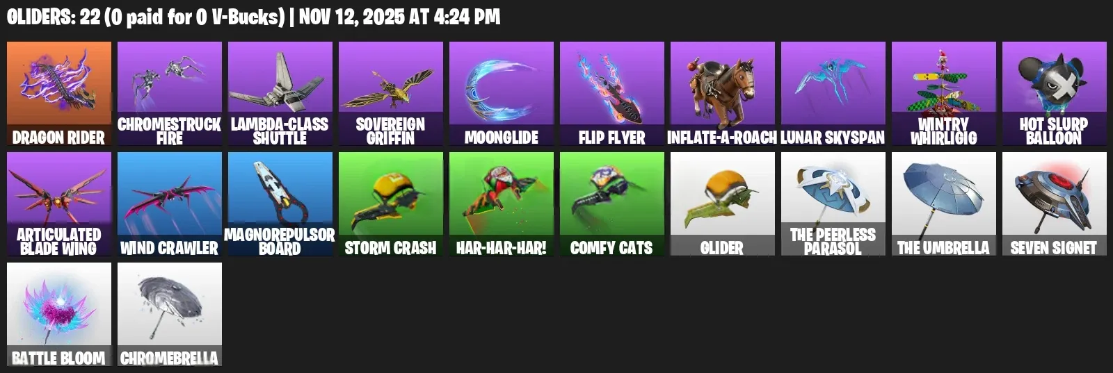 F1359 17 Skins: Darth Vader | Paradigm Reality-669 | Malik | Snap | Bytes | Meow Skulls and more , 17 Emotes | 22 Gliders | 21 Pickaxes
