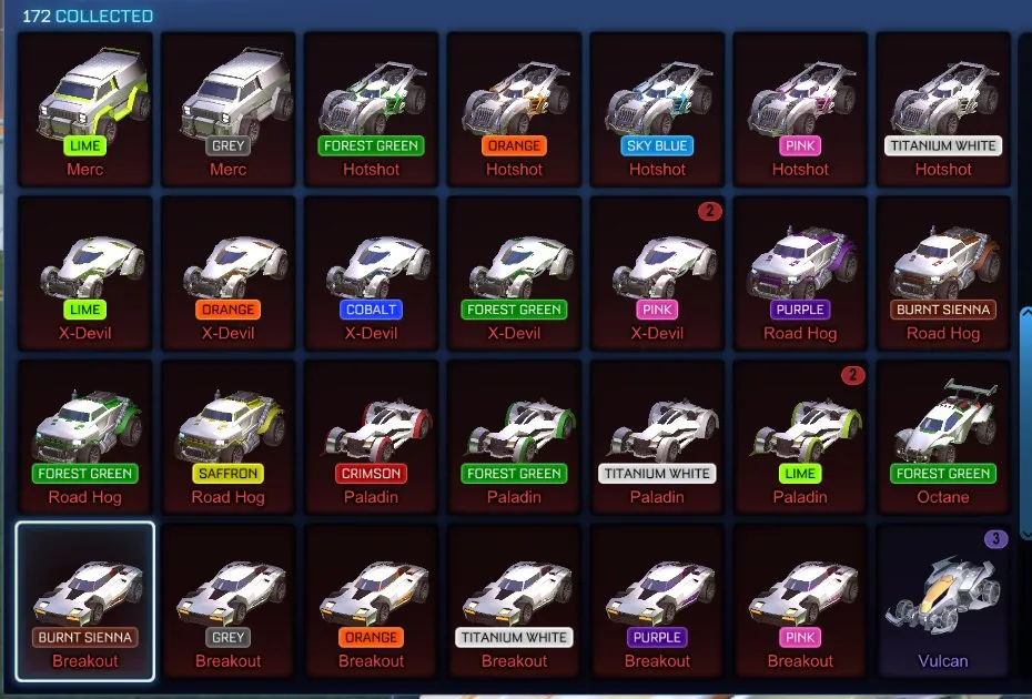 STOCK695 //ACC with Fennec, 70+ Painted Cars, 70+ Black Markets, Octane ZSR, Dominus, Dueling Dragons (K)
