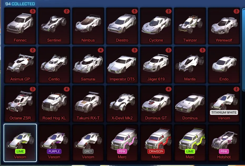 STOCK631 //Fennec, Titanium White Venom, 35+ Painted Cars, 130 Exotic Drops, Many Decals, Boosts and Wheels (K)