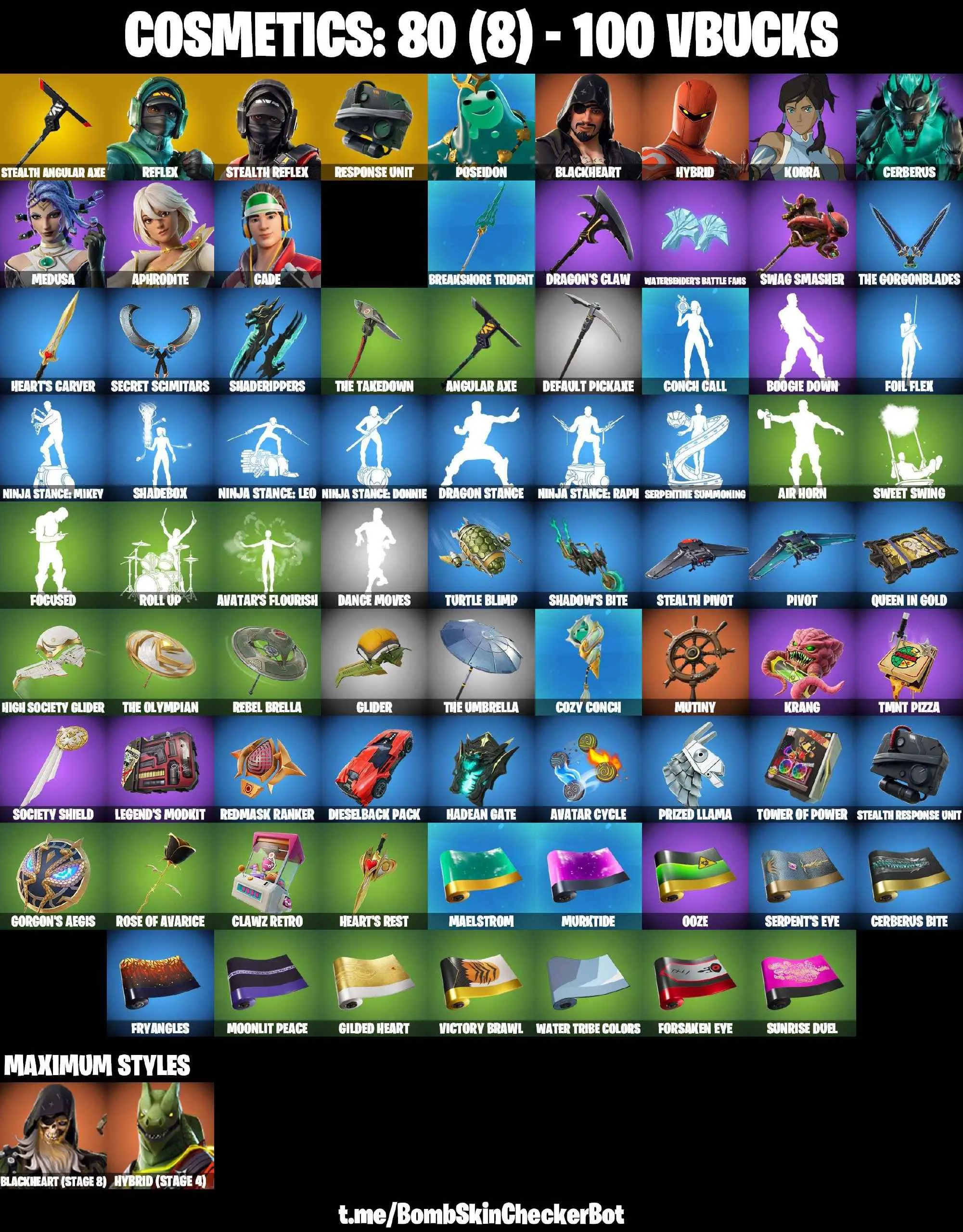 ❤️11 SKINS❤️REFLEX❤️STEALTH REFLEX❤️MEDUSA❤️APHRODITE❤️CADE❤️HYBRID(STAGE 4)❤️BLACKHEART(STAGE 8)❤️CAN PLAY ON PSN❤️XBOX❤️PC❤️NINTENDO❤️MOBILE❤️100 VBUCKS❤️FULL EMAIL ACCESS❤️