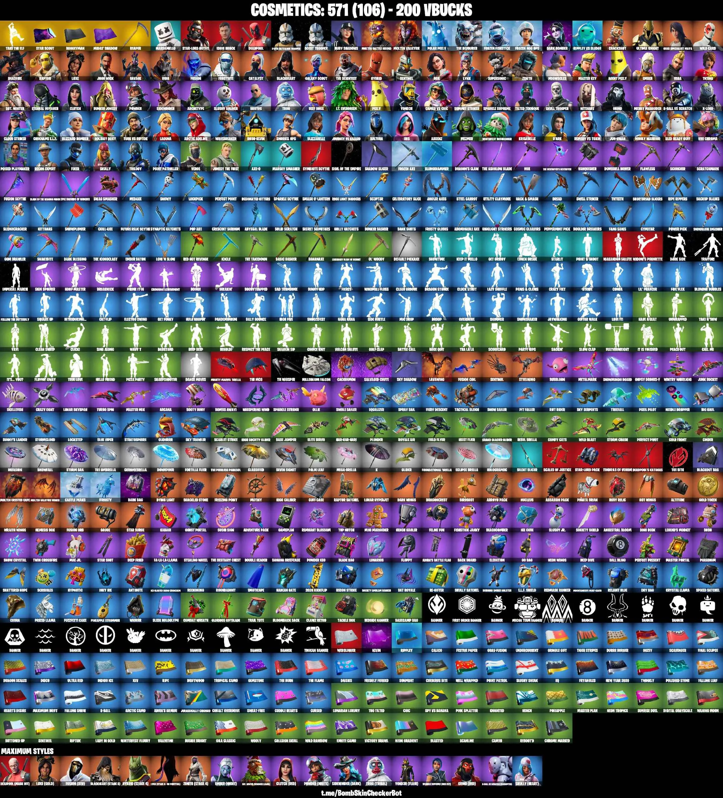 ❤️99 SKINS❤️JOHN WICK❤️SKULL TROOPER❤️212TH BATTALION TROOPER❤️501ST TROOPER❤️WINDMILL FLOSS❤️INTRODUCING❤️MAYA❤️LYNX(STAGE 4)❤️HYBRID(STAGE 4)❤️ZENITH(STAGE 4)❤️BLACKHEART(STAGE 8)❤️8-BALL(MAX)❤️AGENT PEELY❤️MERRY MARAUDER❤️VERGE❤️REAPER❤️PEPPERMINT PICK❤️