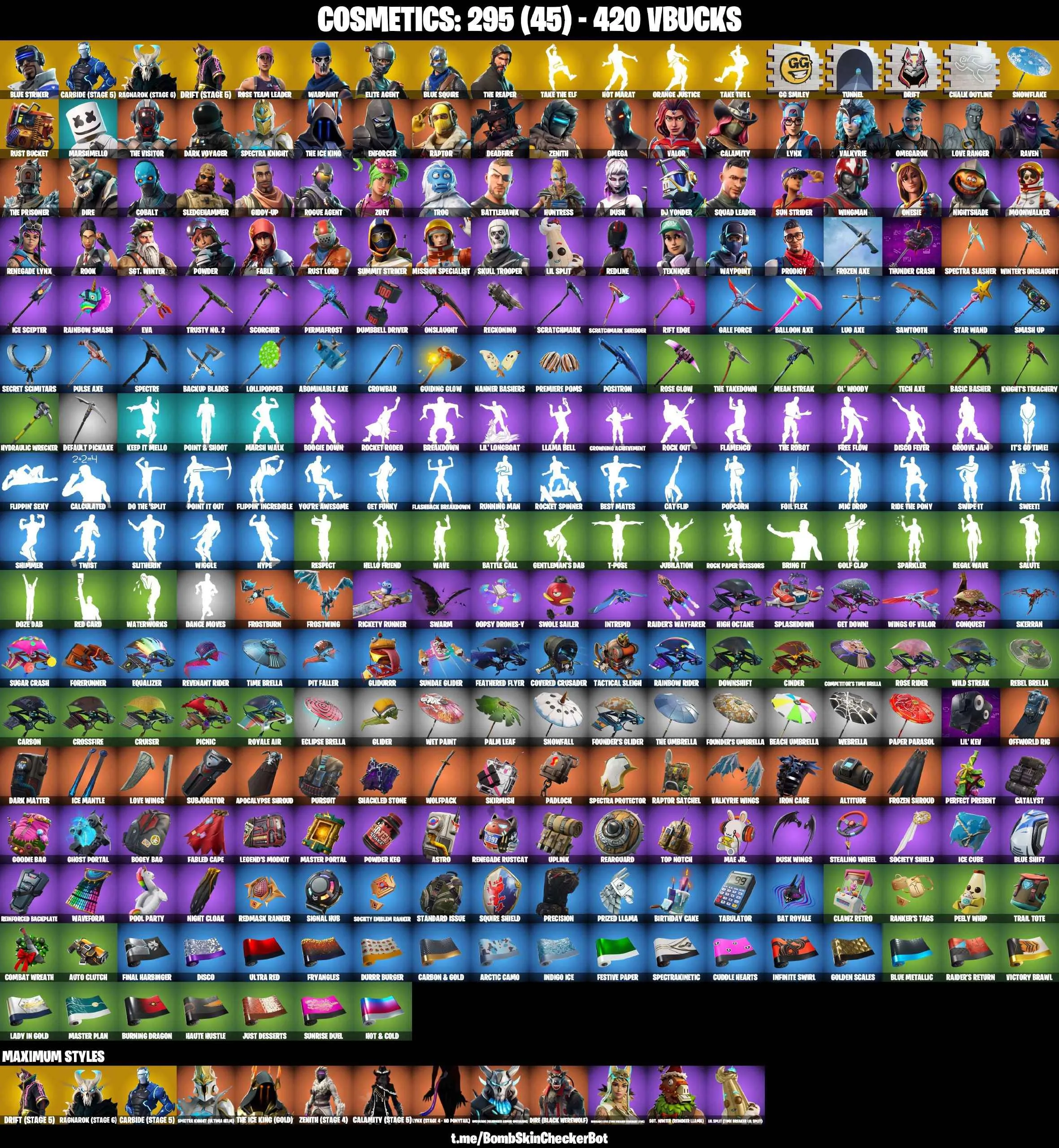 ❤️58 SKINS❤️TAKE THE L❤️THE REAPER❤️ELITE AGENT❤️BLUE SQUIRE❤️OG STW❤️OMEGA❤️SKULL TROOPER❤️ORANGE JUSTICE❤️STAR WAND❤️ZOEY❤️ROOK❤️ONESIE❤️DRIFT(STAGE 5)❤️RAGNAROK(STAGE 6)❤️CARBIDE(STAGE 5)❤️SNOWFLAKE❤️RUST BUCKET❤️CAN PLAY ON PSN❤️PC❤️NINTENDO❤️MOBILE❤️